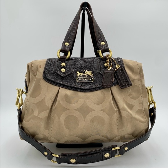Coach Signature Madison Op Art Audrey Khaki Brown Satchel 14294 Handbag Purse - Picture 9 of 11